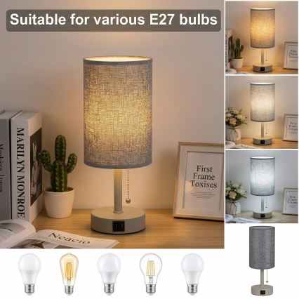 Brilagi - Stolna lampa s USB priključkom TABLON 1xE27/25W/230V bež/siva