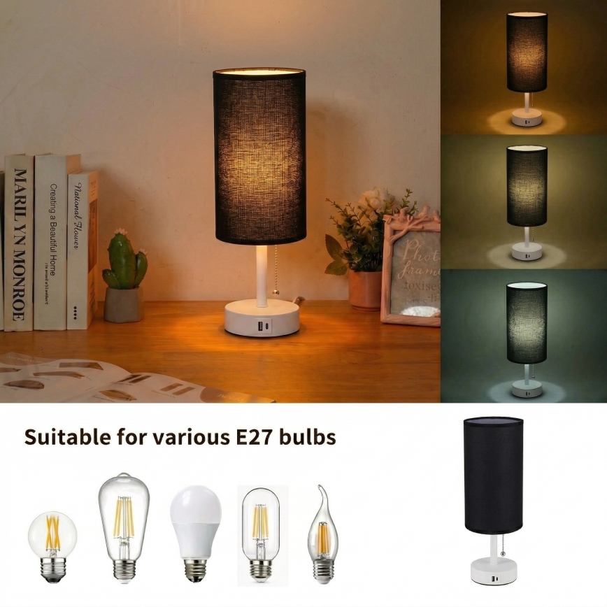 Brilagi - Stolna lampa s USB priključkom TABLON 1xE27/25W/230V bijela/crna