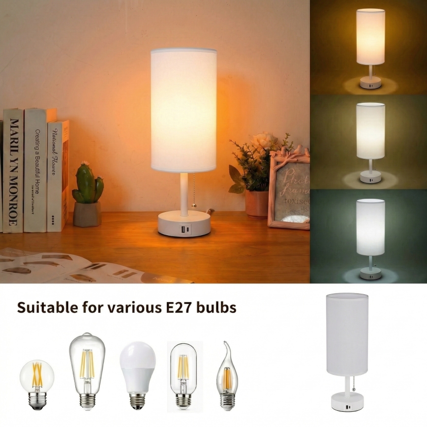 BRILAGI - Stolna lampa s USB priključkom TABLON 1xE27/25W/230V bijela