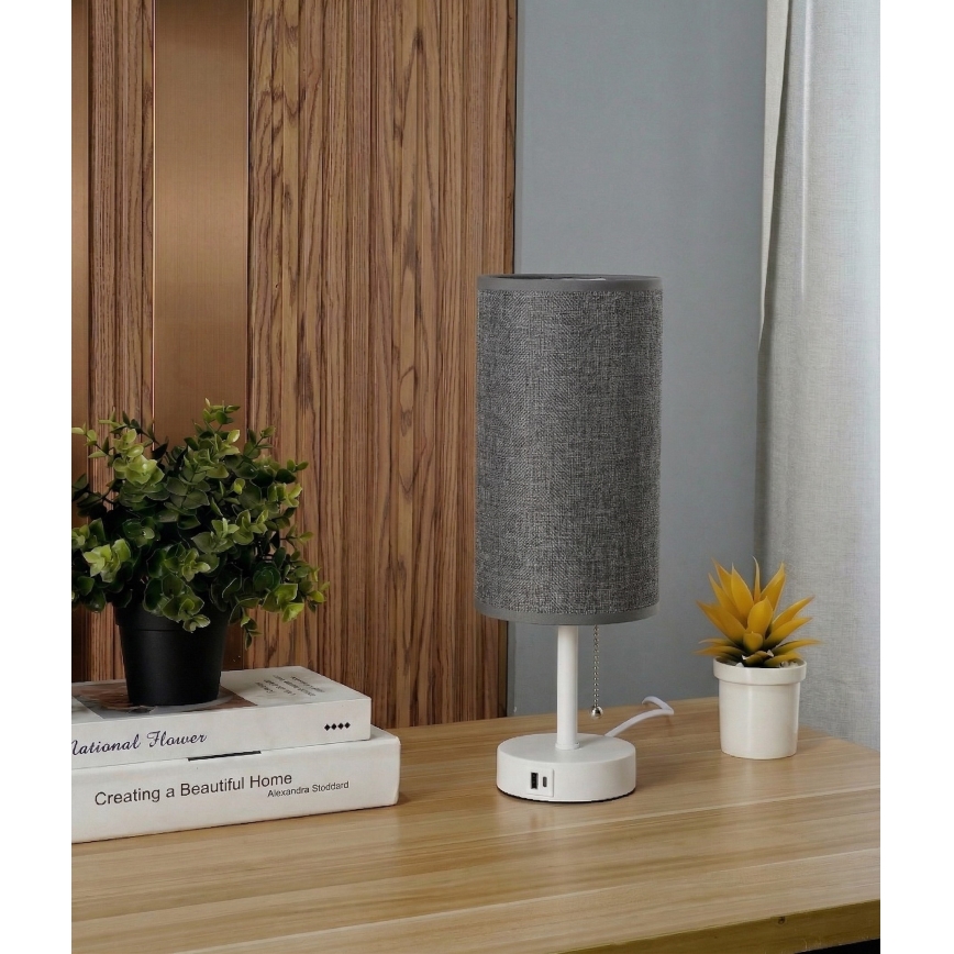 Brilagi - Stolna lampa s USB priključkom TABLON 1xE27/25W/230V bijela/siva