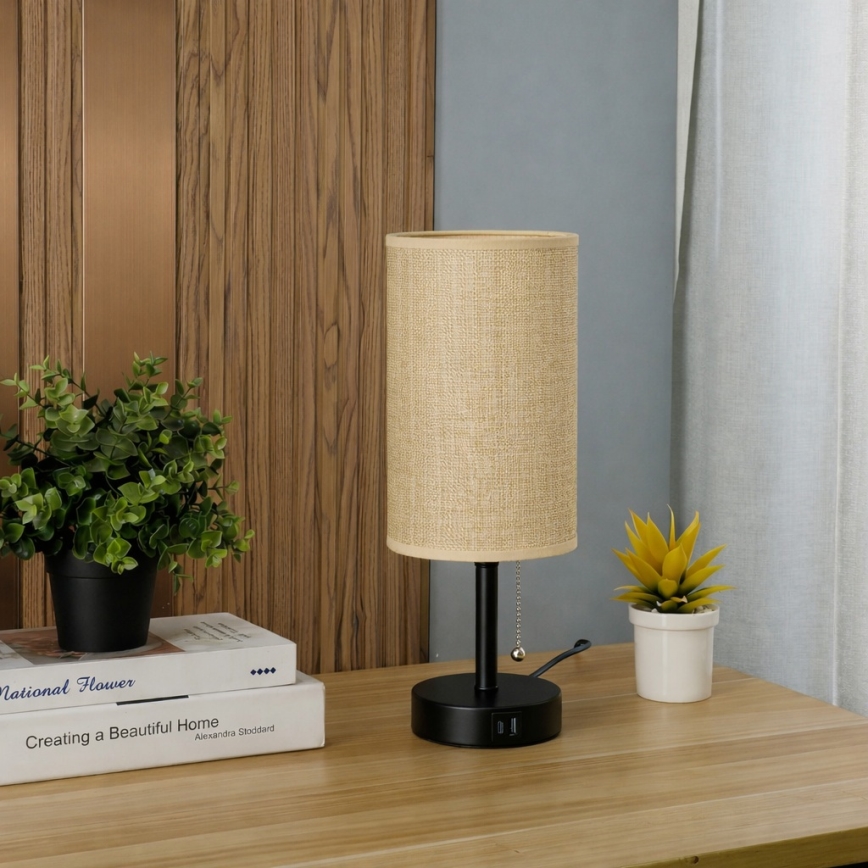 Brilagi - Stolna lampa s USB priključkom TABLON 1xE27/25W/230V crna/bež