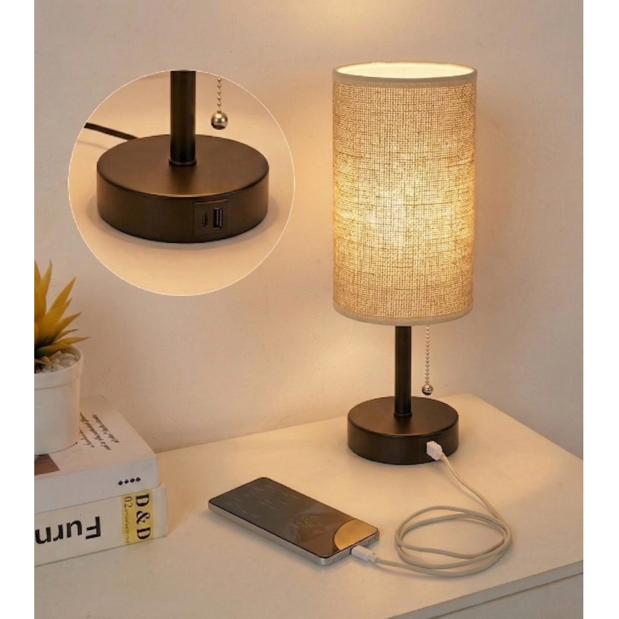 Brilagi - Stolna lampa s USB priključkom TABLON 1xE27/25W/230V crna/bež