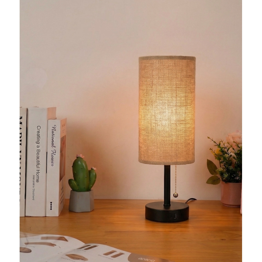 Brilagi - Stolna lampa s USB priključkom TABLON 1xE27/25W/230V crna/bež