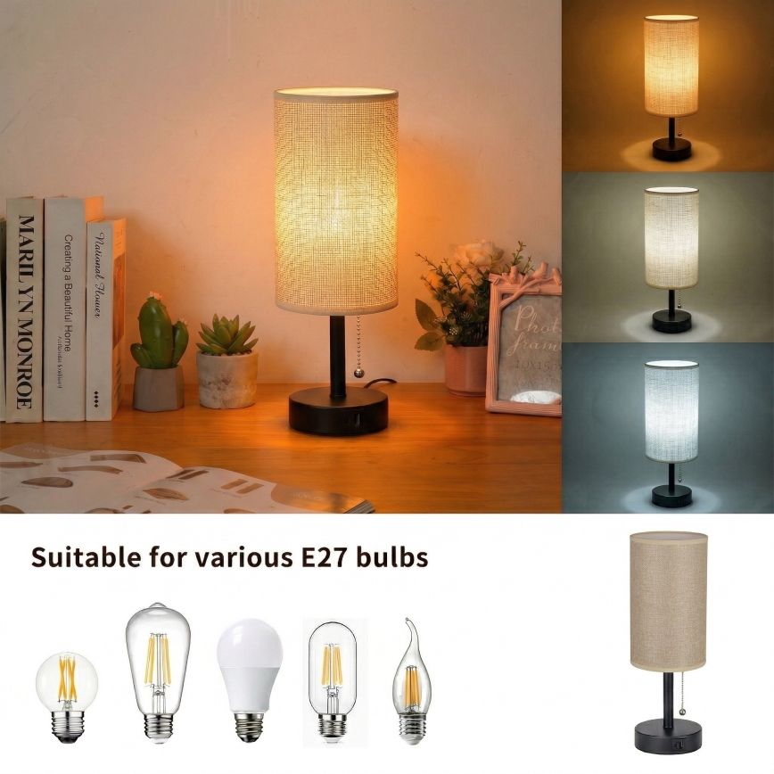 Brilagi - Stolna lampa s USB priključkom TABLON 1xE27/25W/230V crna/bež