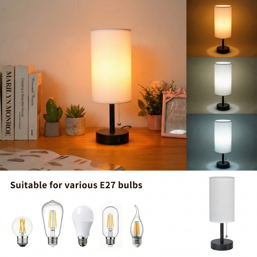 Brilagi - Stolna lampa s USB priključkom TABLON 1xE27/25W/230V crna/bijela
