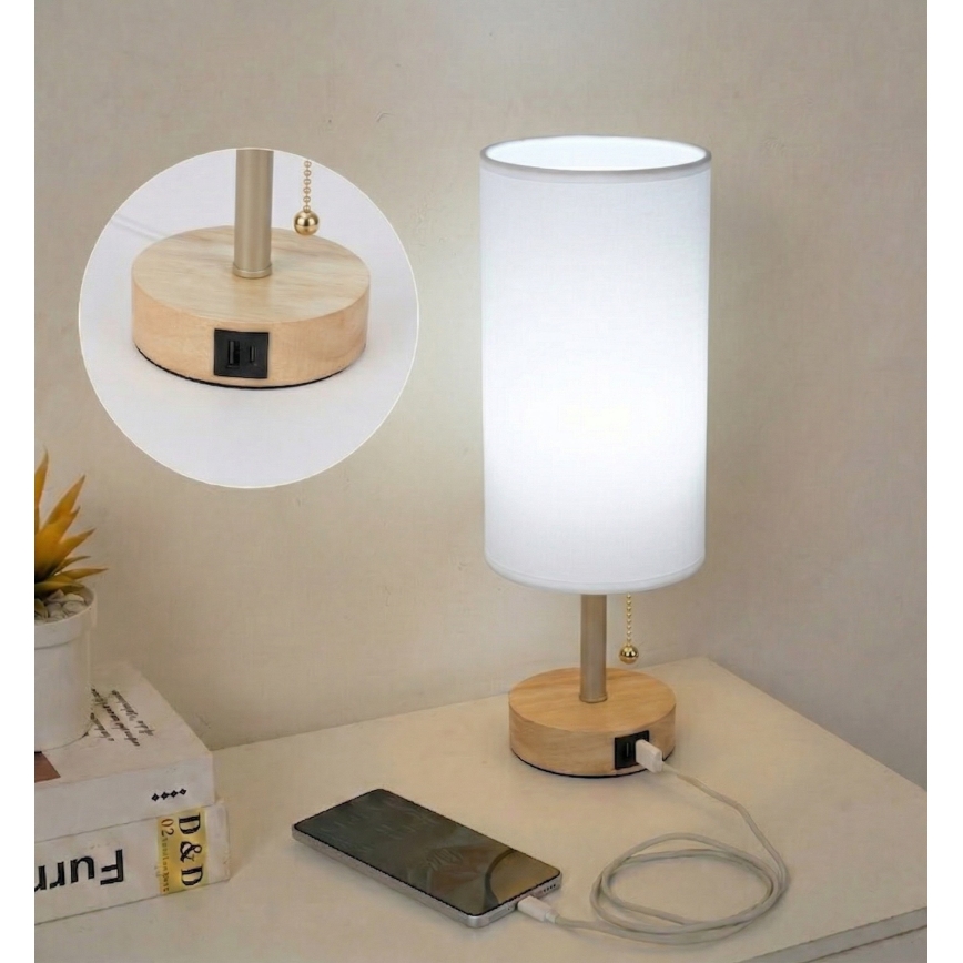 Brilagi - Stolna lampa s USB priključkom TABLON 1xE27/25W/230V hrast/bež/bijela