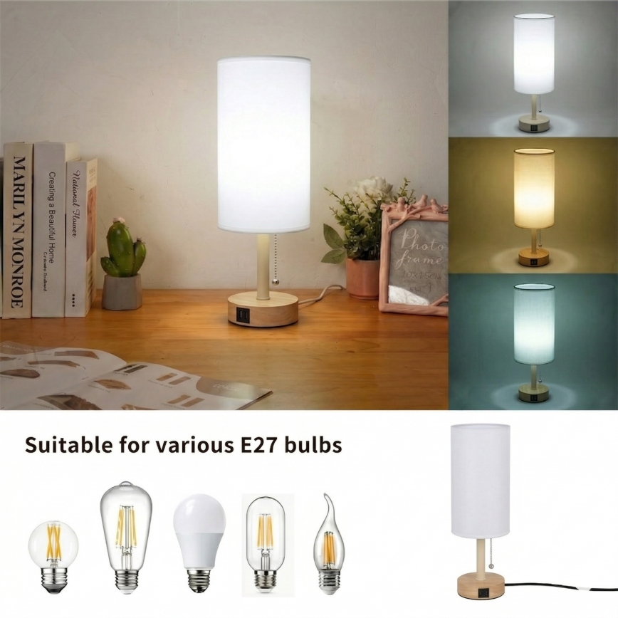 Brilagi - Stolna lampa s USB priključkom TABLON 1xE27/25W/230V hrast/bež/bijela