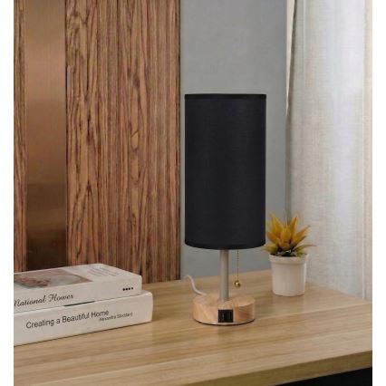Brilagi - Stolna lampa s USB priključkom TABLON 1xE27/25W/230V hrast/bež/crna