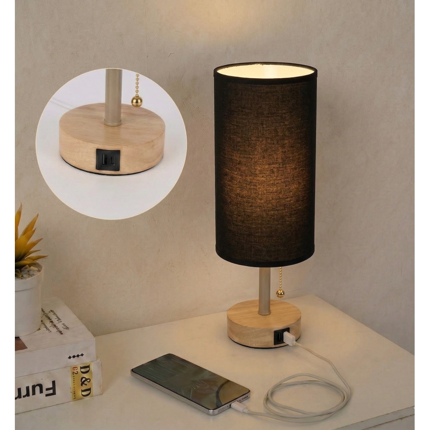 Brilagi - Stolna lampa s USB priključkom TABLON 1xE27/25W/230V hrast/bež/crna