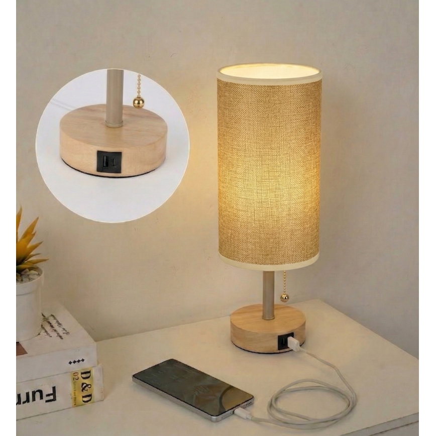 Brilagi - Stolna lampa s USB priključkom TABLON 1xE27/25W/230V hrast/bež