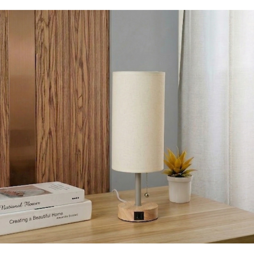 Brilagi - Stolna lampa s USB priključkom TABLON 1xE27/25W/230V hrast/bež/krem