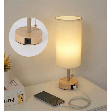 Brilagi - Stolna lampa s USB priključkom TABLON 1xE27/25W/230V hrast/bež/krem