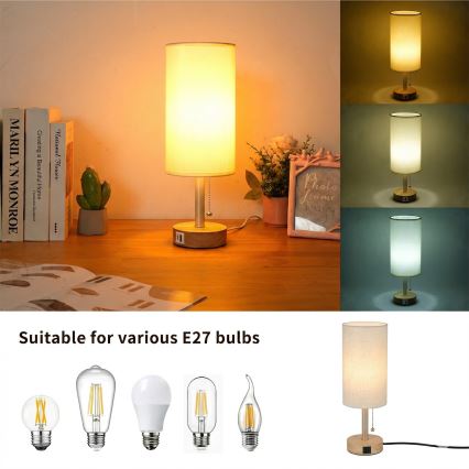 Brilagi - Stolna lampa s USB priključkom TABLON 1xE27/25W/230V hrast/bež/krem