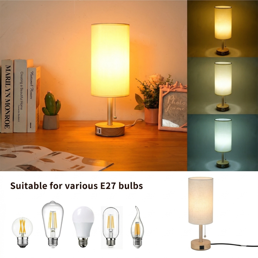 Brilagi - Stolna lampa s USB priključkom TABLON 1xE27/25W/230V hrast/bež/krem