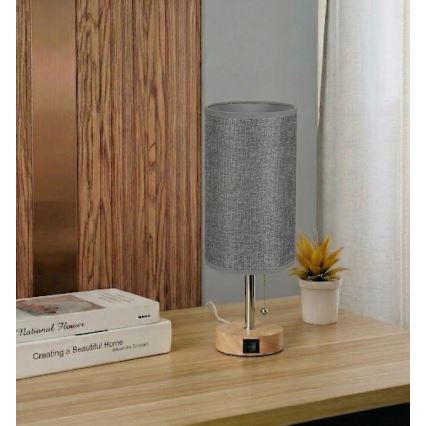Brilagi - Stolna lampa s USB priključkom TABLON 1xE27/25W/230V hrast/bež/siva