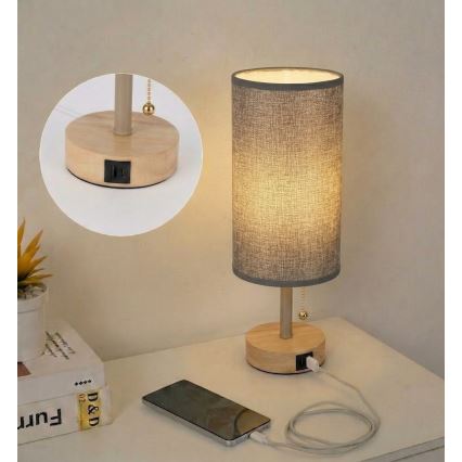 Brilagi - Stolna lampa s USB priključkom TABLON 1xE27/25W/230V hrast/bež/siva