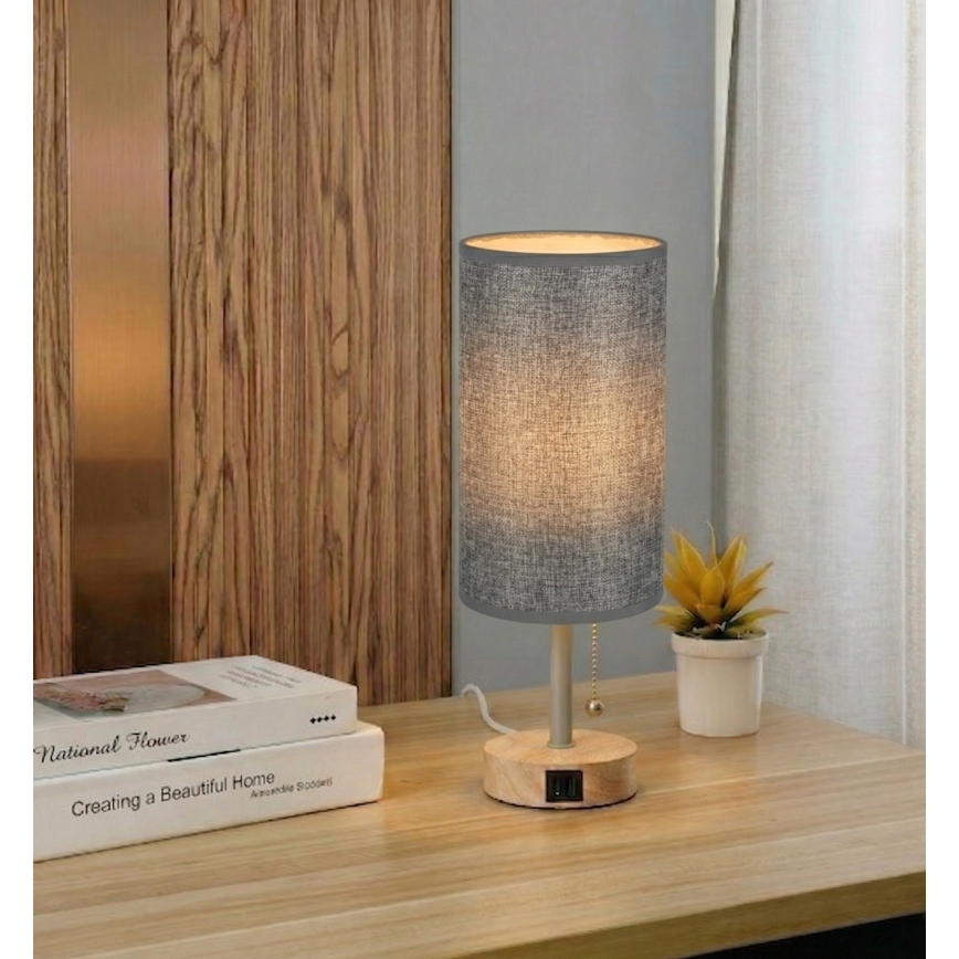 Brilagi - Stolna lampa s USB priključkom TABLON 1xE27/25W/230V hrast/bež/siva