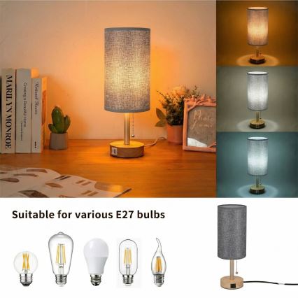 Brilagi - Stolna lampa s USB priključkom TABLON 1xE27/25W/230V hrast/bež/siva