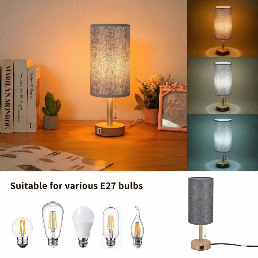 Brilagi - Stolna lampa s USB priključkom TABLON 1xE27/25W/230V hrast/bež/siva