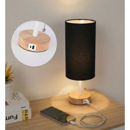 Brilagi - Stolna lampa s USB priključkom TABLON 1xE27/25W/230V hrast/bijela/crna