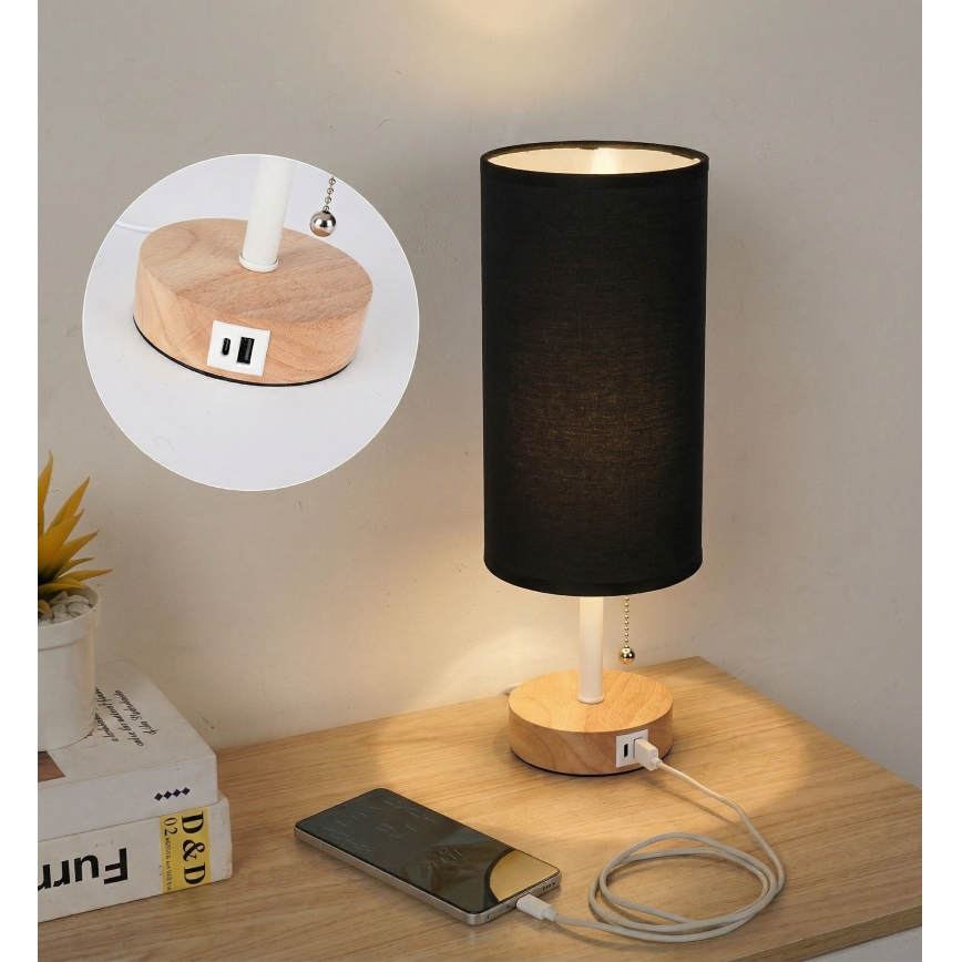 Brilagi - Stolna lampa s USB priključkom TABLON 1xE27/25W/230V hrast/bijela/crna
