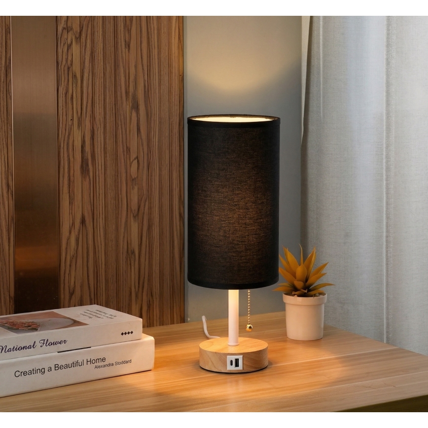 Brilagi - Stolna lampa s USB priključkom TABLON 1xE27/25W/230V hrast/bijela/crna
