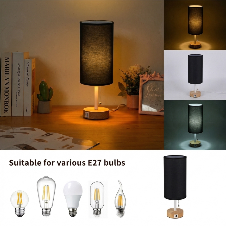 Brilagi - Stolna lampa s USB priključkom TABLON 1xE27/25W/230V hrast/bijela/crna