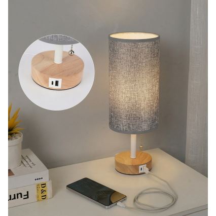 Brilagi - Stolna lampa s USB priključkom TABLON 1xE27/25W/230V hrast/bijela/siva