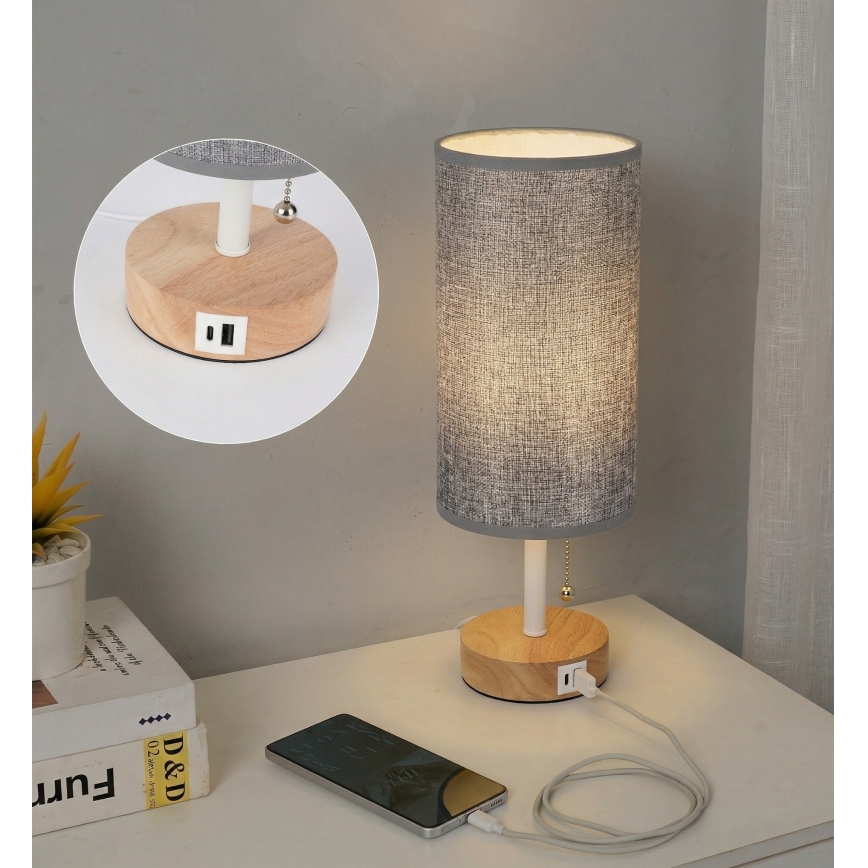 Brilagi - Stolna lampa s USB priključkom TABLON 1xE27/25W/230V hrast/bijela/siva