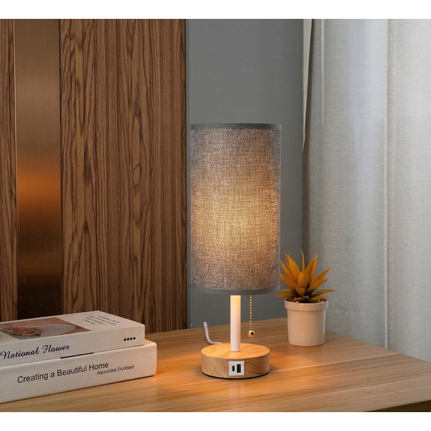 Brilagi - Stolna lampa s USB priključkom TABLON 1xE27/25W/230V hrast/bijela/siva
