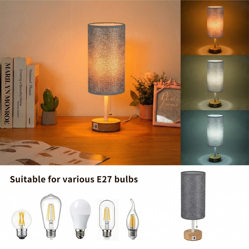 Brilagi - Stolna lampa s USB priključkom TABLON 1xE27/25W/230V hrast/bijela/siva