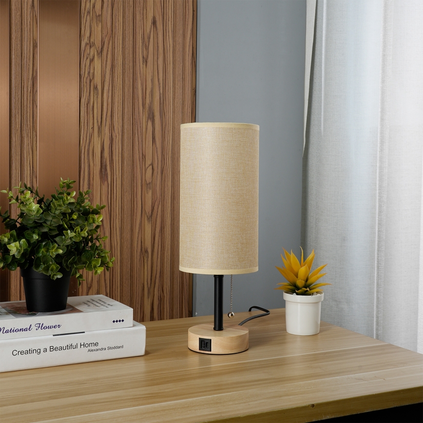 Brilagi - Stolna lampa s USB priključkom TABLON 1xE27/25W/230V hrast/crna/bež