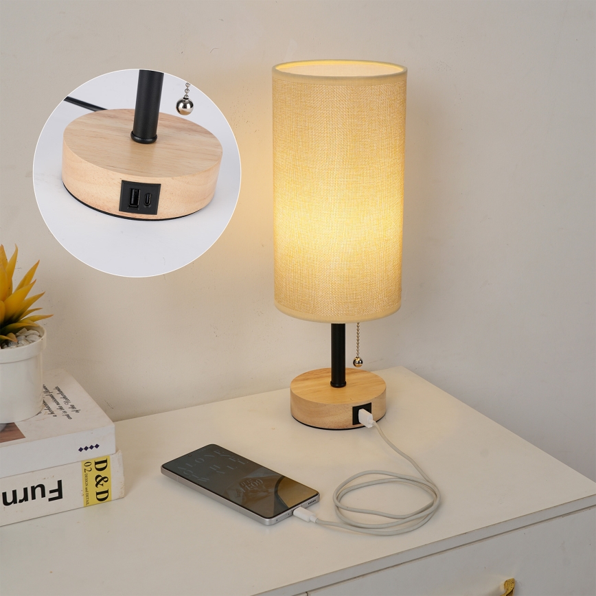 Brilagi - Stolna lampa s USB priključkom TABLON 1xE27/25W/230V hrast/crna/bež