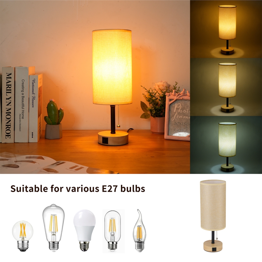 Brilagi - Stolna lampa s USB priključkom TABLON 1xE27/25W/230V hrast/crna/bež