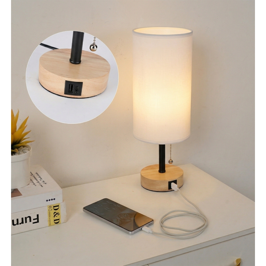 Brilagi - Stolna lampa s USB priključkom TABLON 1xE27/25W/230V hrast/crna/bijela