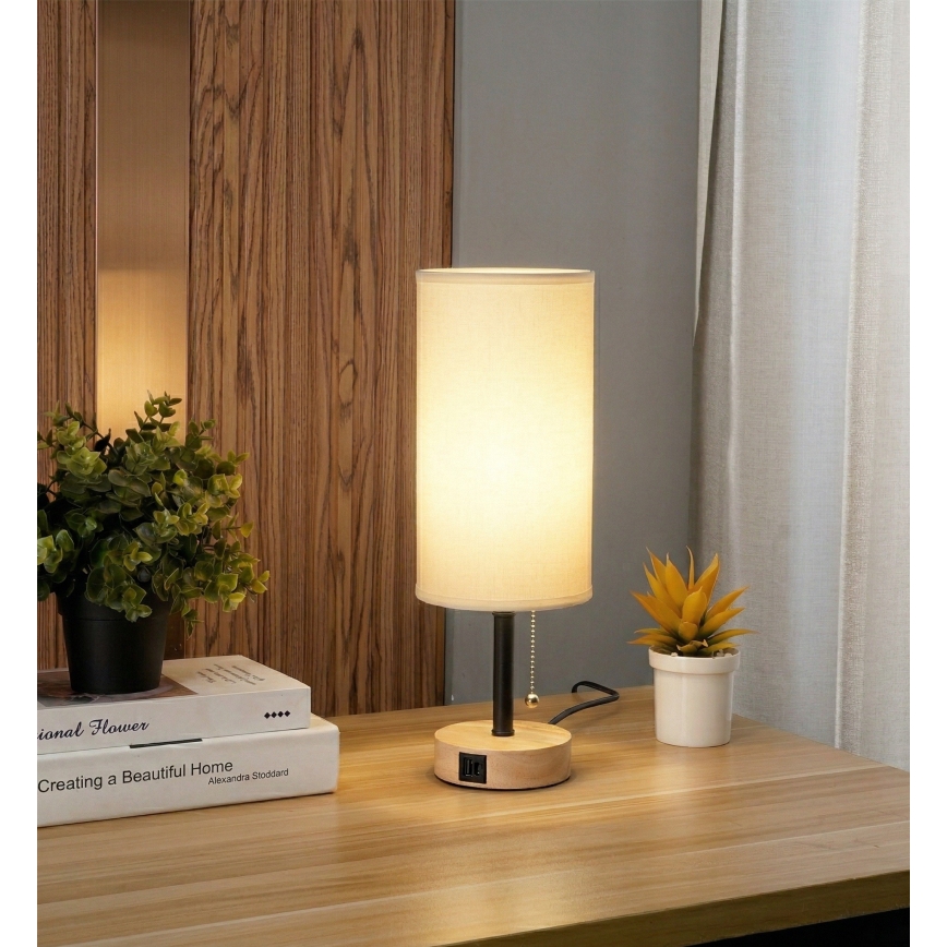 Brilagi - Stolna lampa s USB priključkom TABLON 1xE27/25W/230V hrast/crna/bijela
