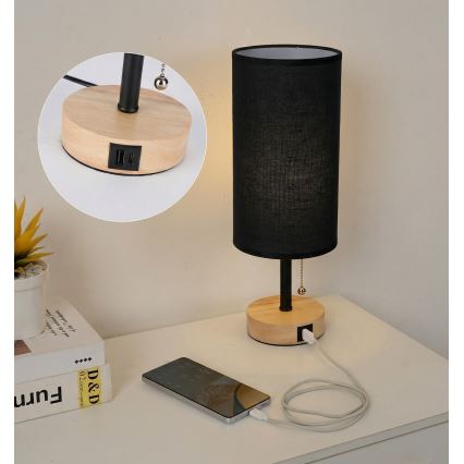 Brilagi - Stolna lampa s USB priključkom TABLON 1xE27/25W/230V hrast/crna