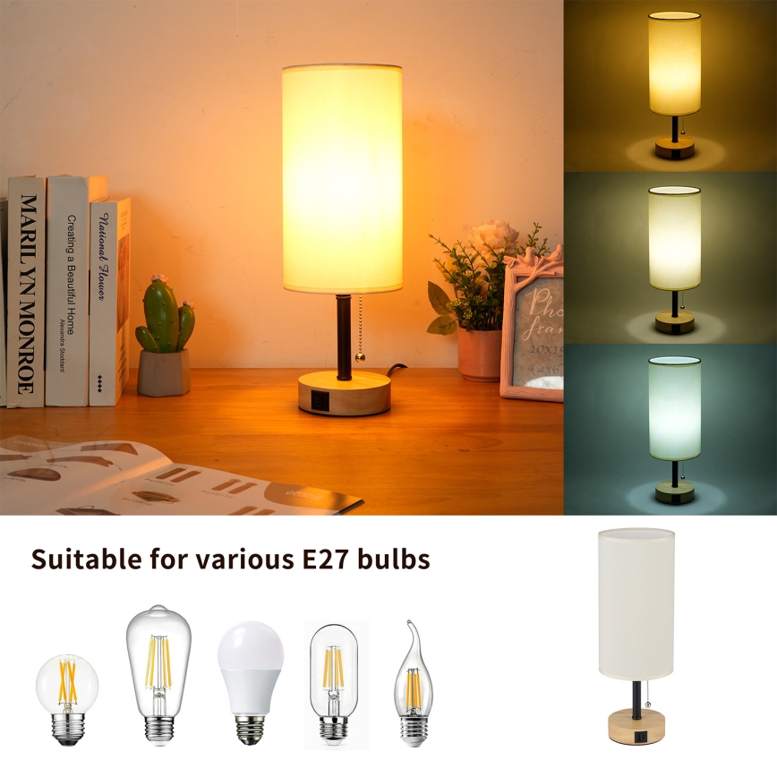 Brilagi - Stolna lampa s USB priključkom TABLON 1xE27/25W/230V hrast/crna/krem