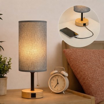 Brilagi - Stolna lampa s USB priključkom TABLON 1xE27/25W/230V hrast/crna/siva