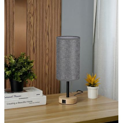 Brilagi - Stolna lampa s USB priključkom TABLON 1xE27/25W/230V hrast/crna/siva