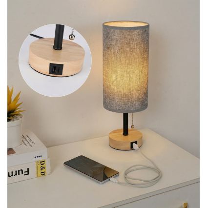 Brilagi - Stolna lampa s USB priključkom TABLON 1xE27/25W/230V hrast/crna/siva