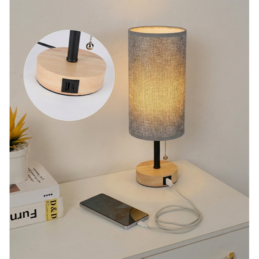 Brilagi - Stolna lampa s USB priključkom TABLON 1xE27/25W/230V hrast/crna/siva