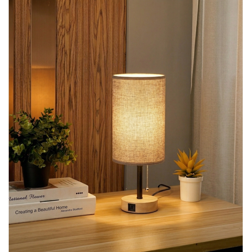 Brilagi - Stolna lampa s USB priključkom TABLON 1xE27/25W/230V hrast/crna/siva