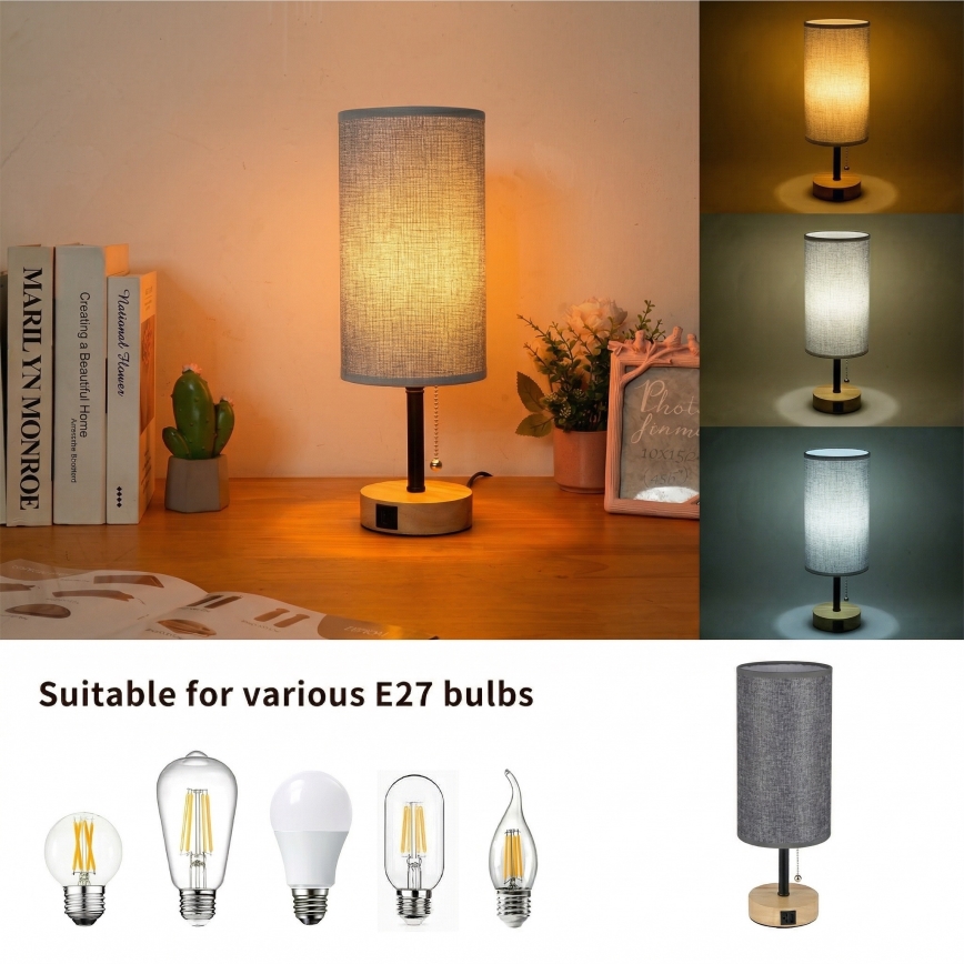 Brilagi - Stolna lampa s USB priključkom TABLON 1xE27/25W/230V hrast/crna/siva