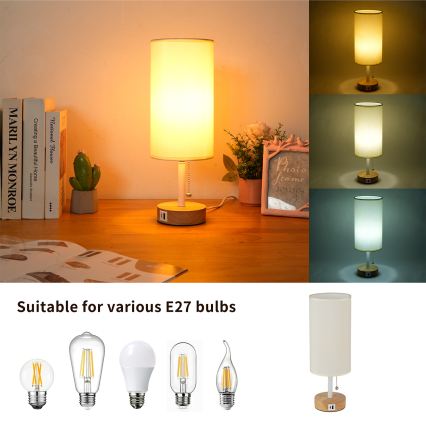 Brilagi - Stolna svjetiljka s USB priključkom TABLON 1xE27/25W/230V hrast/bijela/krem
