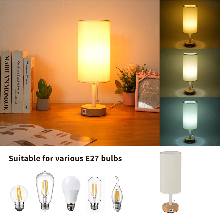 Brilagi - Stolna svjetiljka s USB priključkom TABLON 1xE27/25W/230V hrast/bijela/krem