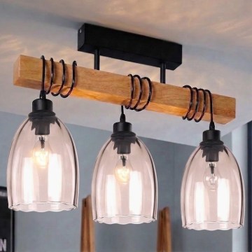 Brilagi - Stropna svjetiljka za površinsku montažu WOOD GLASS 3xE27/60W/230V borovina/crna/dimljeno bež