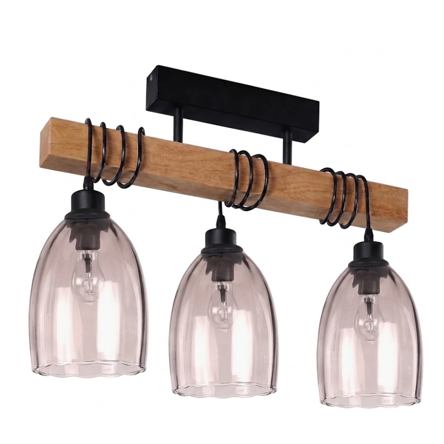 Brilagi - Stropna svjetiljka za površinsku montažu WOOD GLASS 3xE27/60W/230V borovina/crna/dimljeno bež