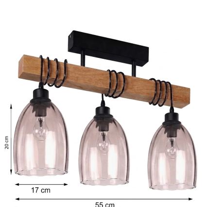 Brilagi - Stropna svjetiljka za površinsku montažu WOOD GLASS 3xE27/60W/230V borovina/crna/dimljeno bež