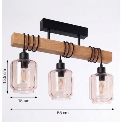 Brilagi - Stropni luster WOOD GLASS 3xE27/60W/230V borovina/crna/dimljeno bež